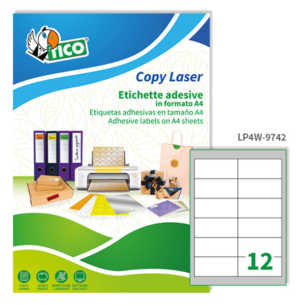 TICO - LP4W-9742 - Etichette adesive Copy Laser LP4W - permanenti - 97 x 42,3 mm - 12 et-fg - 100 fogli A4 - bianco - Tico
