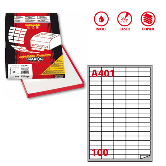 MARKIN - 210A401 - Etichette adesive A401 - permanenti - 37 x 14 mm - 100 et-fg - 100 fogli A4 - bianco - Markin