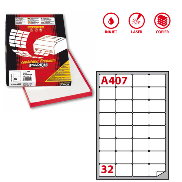 MARKIN - 210A407 - Etichette adesive A407 - permanenti - 47,5 x 35 mm - 32 et-fg - 100 fogli A4 - bianco - Markin