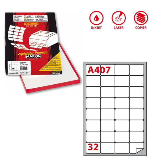 MARKIN - 210A407 - Etichette adesive A407 - permanenti - 47,5 x 35 mm - 32 et-fg - 100 fogli A4 - bianco - Markin
