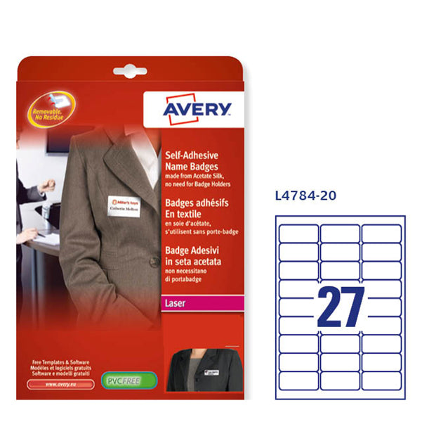 AVERY - L4784-20 - Etichette badge - rimovibili - per stampanti laser - 63,5 x 29,6 mm - 27et-fg - 20 fogli A4 - seta acetata - bianco - Avery
