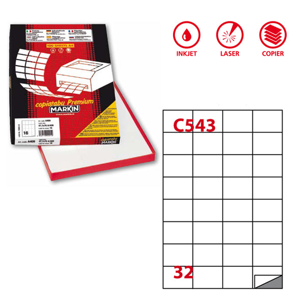 MARKIN - 210C543 - Etichette adesive C543 - permanenti - 52,5 x 37 mm - 32 et-fg - 100 fogli A4 - bianco - Markin