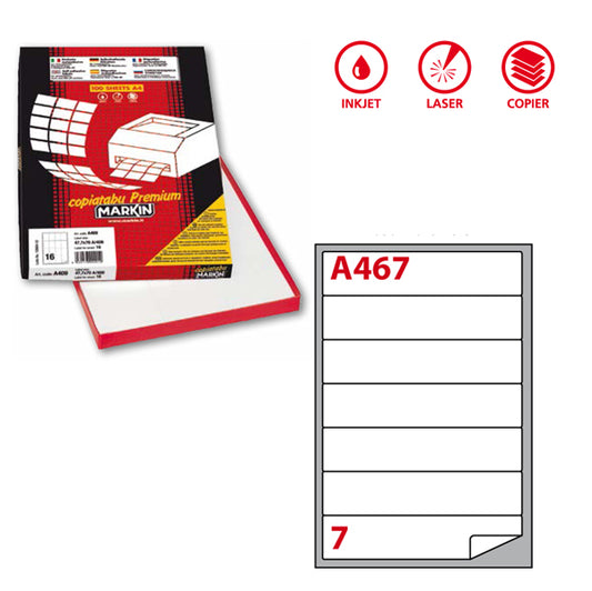 MARKIN - 210A467 - Etichette adesive A467 - permanenti - 190 x 38 mm - 7 et-fg - 100 fogli A4 - bianco - Markin