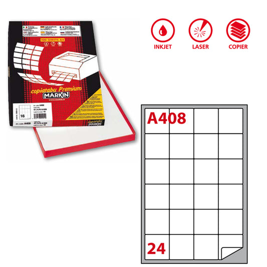 MARKIN - 210A408 - Etichette adesive A408 - permanenti - 47,5 x 46,5 mm - 24 et-fg - 100 fogli A4 - bianco - Markin