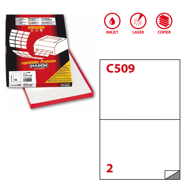 MARKIN - 210C509SP - Etichette adesive C509 Extra Forte - permanenti - 210 x 148,4 mm - 2 et-fg - 100 fogli A4 - bianco - Markin
