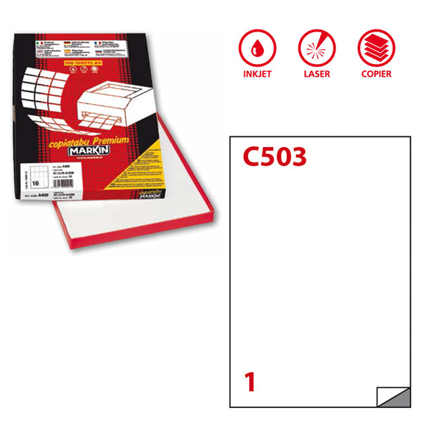 MARKIN - 210C503SP - Etichette adesive C503 Extra Forte - permanenti - 21 x 29,7 cm - 1 et-fg - 100 fogli A4 - bianco - Markin