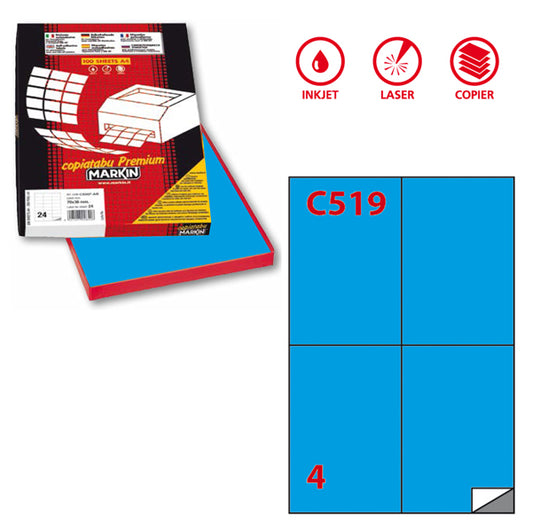 MARKIN - 210C519BL - Etichette adesive C519 - permanenti - 105 x148,5 mm - 4 et-fg - 100 fogli A4 - blu - Markin
