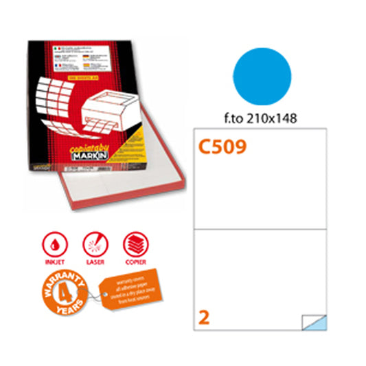 MARKIN - 210C509BL - Etichette adesive C509 - permanenti - 210 x 148,5 mm - 2 et-fg - 100 fogli A4 - blu - Markin