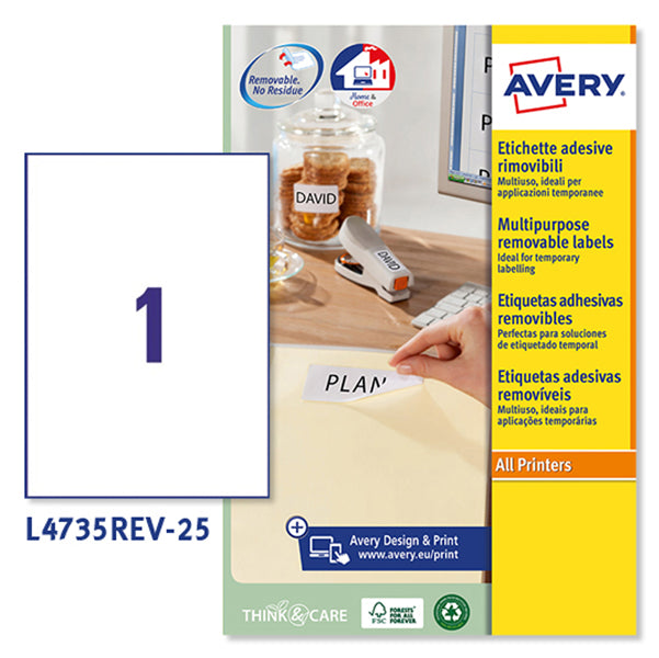 AVERY - L4735REV-25 - Etichette adesive L4735REV - rimovibili - 210 x 297 mm - 1 et-fg - 25 fogli A4 - bianco - Avery