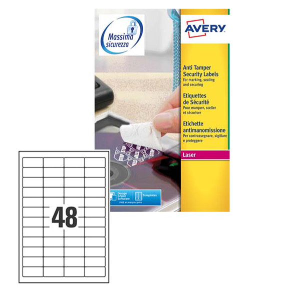 AVERY - L6113-20 - Etichette adesive L6113 - permanenti - per stampanti laser - antimanomissione - 45,7 x 21,2 mm - 48 et-fg - 20 fogli A4 - poliestere - bianco - Avery