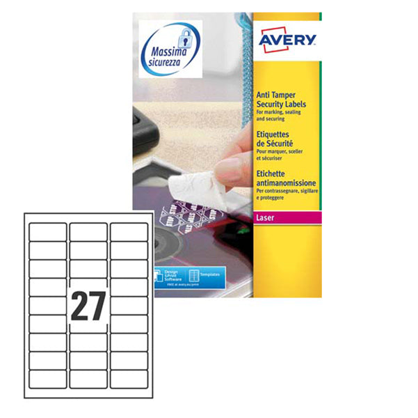 AVERY - L6114-20 - Etichette adesive L6114 - permanenti - per stampanti laser - antimanomissione - 63,5 x 29,6 mm - 27 et-fg - 20 fogli A4 - poliestere - bianco - Avery