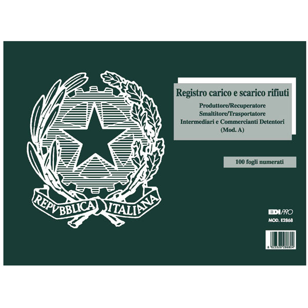 EDIPRO - E2868 - Registro carico-scarico rifiuti detentori (Mod. A) - 22,5 x 29,7cm - 100pg - numerate - Edipro