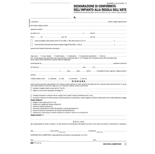 EDIPRO - E9071 - Dichiarazione conformitA' impianto Snap - 5 copie snap - 29,7 x 21cm - 100 fogli - Edipro