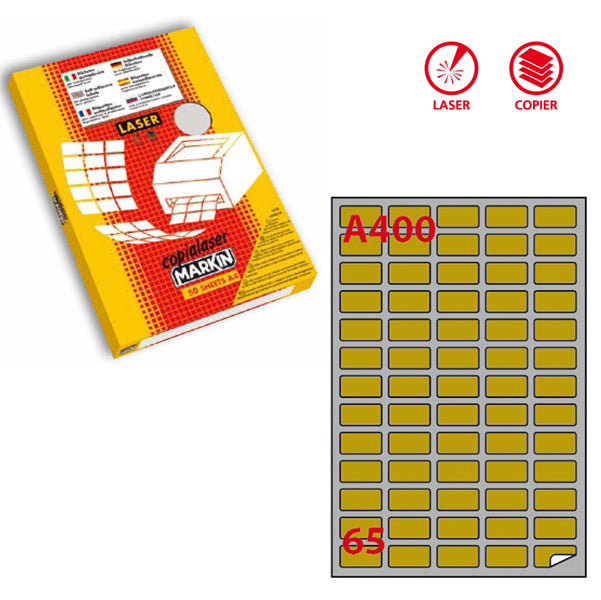 MARKIN - 220LGA400 - Etichette adesive A400 - permanenti - per stampanti laser - 38,1 x 21,2 mm - 65 et-fg - 100 fogli A4 - oro - Markin