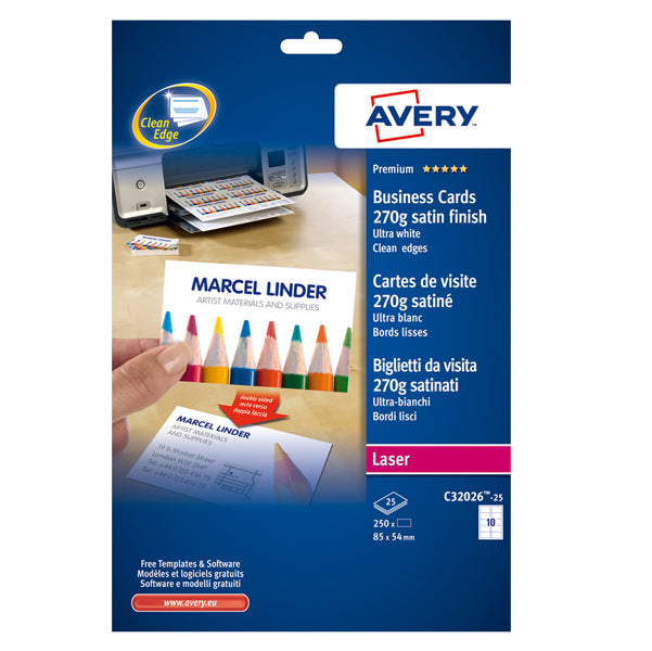 AVERY - C32026-25 - Biglietti da visita - 85 x 54 mm - 270 gr - effetto satinata - bianco - Avery - conf. 25 fogli da 10 biglietti