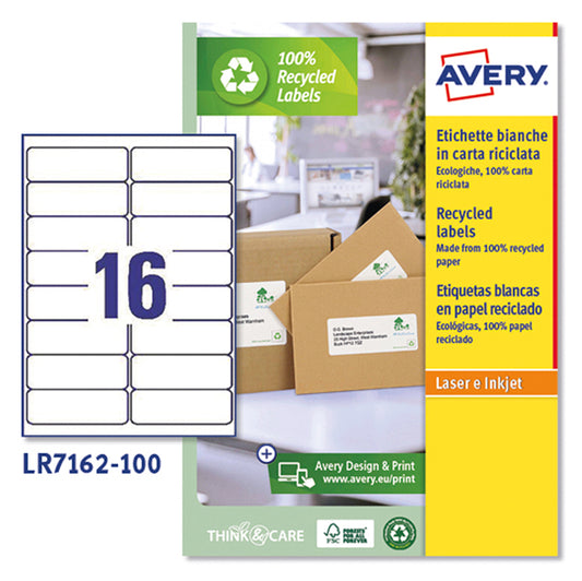 AVERY - LR7162-100 - Etichette per buste e pacchi - 99,1 x 33,9 mm - 16 et-fg - 100 fogli - carta riciclata - bianca - Avery