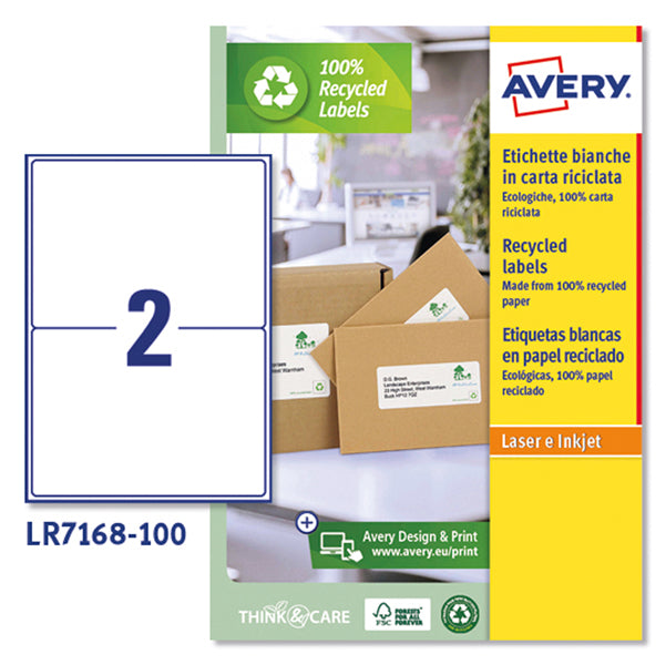 AVERY - LR7168-100 - Etichette per buste e pacchi - 199,6 x 143,5 mm - 2 et-fg - 100 fogli - carta riciclata - bianca - Avery
