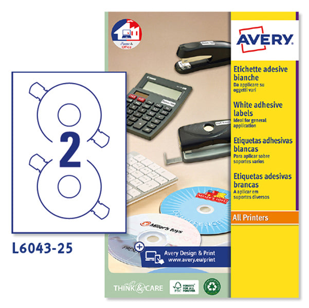 AVERY - L6043-25 - Etichette adesive L6043 - per CD-DVD - permanenti - diametro CD 117 mm - foro 41 mm - 2 et-fg - 25 fogli A4 - bianco - Avery