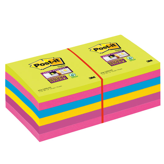 POST-IT - 7100290156 - Blocco foglietti Post it  Super Sticky - 654-12SSUCC - 76 x 76 mm - colori Ultra - 90 fogli - Post it