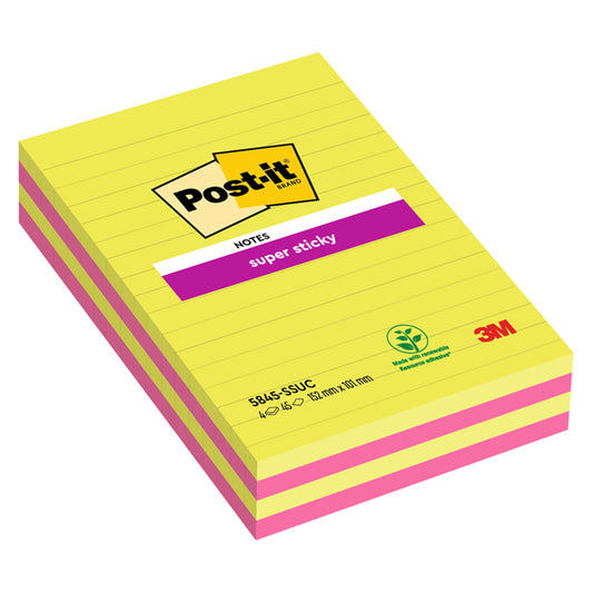 POST-IT - 7100235841 - Blocco foglietti Post it  Super Sticky rettangolari - 845-4SUCC - a righe - 127 x 203 mm - colori Ultra - 45 fogli - Post it