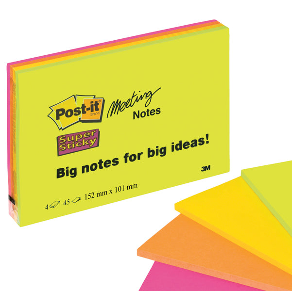 POST-IT - 76028 - Blocco foglietti Post it  Super Sticky Meeting Notes - 6445-SSP - 152 x 101 mm - rosa-verde neon - 45 fogli - Post it