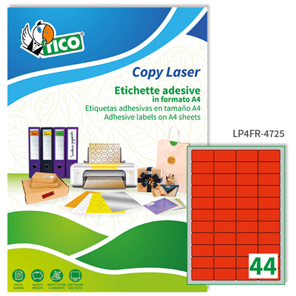 TICO - LP4FR-4725 - Etichette adesive LP4F - permanenti - 47,5 x 25,5 mm - 44 et-fg - 70 fogli A4 - rosso fluo - Tico