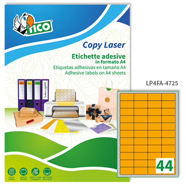 TICO - LP4FA-4725 - Etichette adesive LP4F - permanenti - 47,5 x 25,5 mm - 44 et-fg - 70 fogli A4 - arancio fluo - Tico