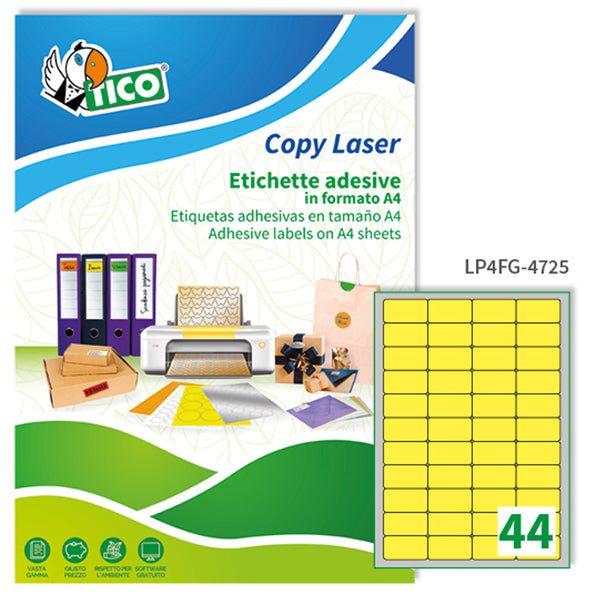 TICO - LP4FG-4725 - Etichette adesive LP4F - permanenti - 47,5 x 25,5 mm - 44 et-fg - 70 fogli A4 - giallo fluo - Tico