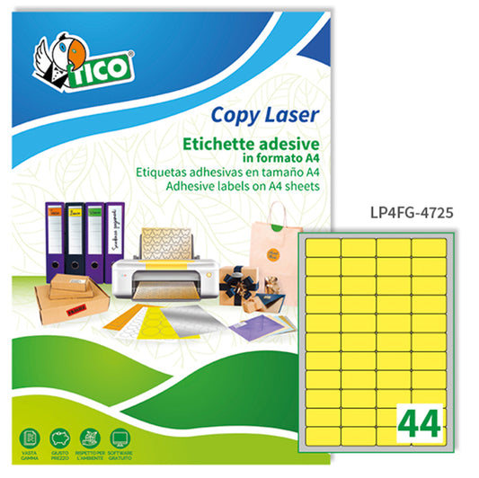 TICO - LP4FG-4725 - Etichette adesive LP4F - permanenti - 47,5 x 25,5 mm - 44 et-fg - 70 fogli A4 - giallo fluo - Tico