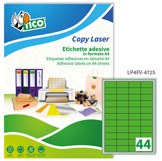 TICO - LP4FV-4725 - Etichette adesive LP4F - permanenti - 47,5 x 25,5 mm - 44 et-fg - 70 fogli A4 - verde fluo - Tico
