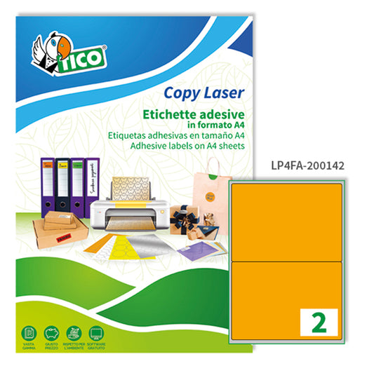 TICO - LP4FA-200142 - Etichette adesive LP4F - permanenti - 200 x 142 mm - 2 et-fg - 70 fogli A4 - arancio fluo - Tico