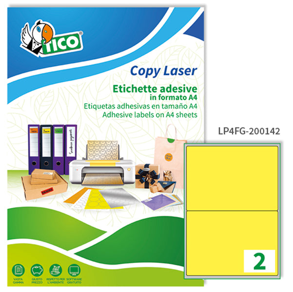 TICO - LP4FG-200142 - Etichette adesive LP4F - permanenti - 200 x 142 mm - 2 et-fg - 70 fogli A4 - giallo fluo - Tico