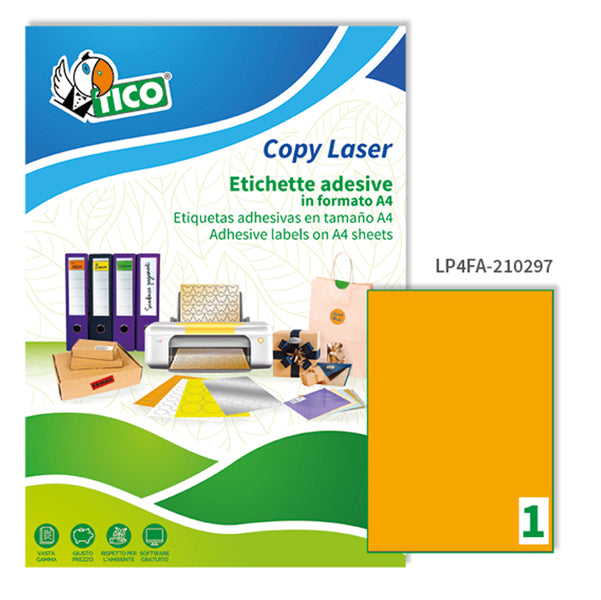 TICO - LP4FA-210297 - Etichette adesive LP4F - permanenti - 210 x 297 mm - 1 et-fg - 70 fogli A4 - arancio fluo - Tico