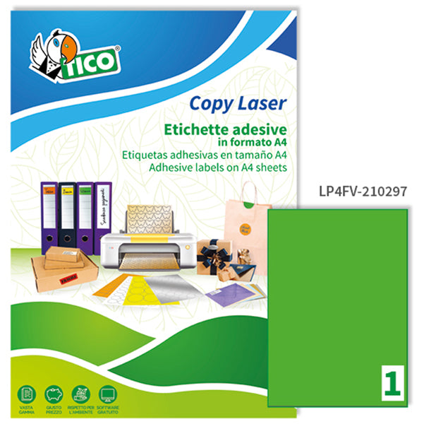 TICO - LP4FV-210297 - Etichette adesive LP4F - permanenti - 210 x 297 mm - 1 et-fg - 70 fogli A4 - verde fluo - Tico