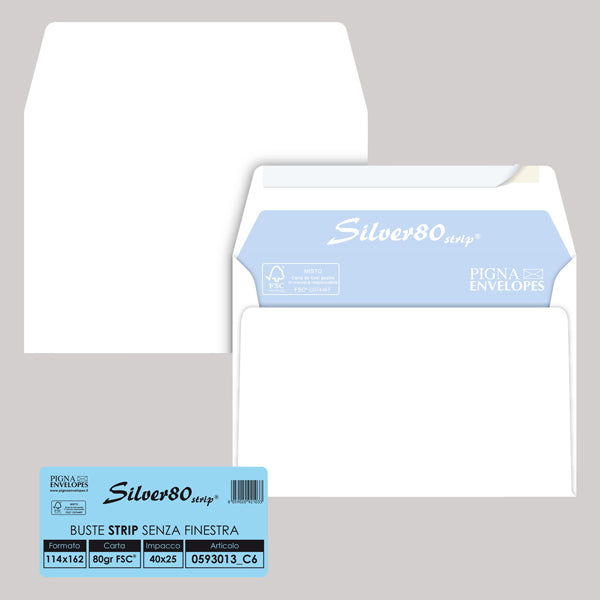 PIGNA - 0593013C6 - Busta Silver80 Strip FSC  - internografata - senza finestra - 11,4 x 16,2 cm - 80 gr - bianco - Pigna - conf. 25 pezzi