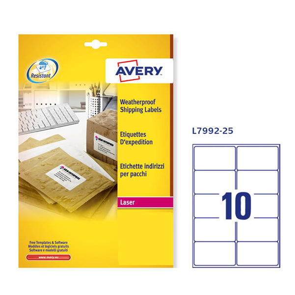 AVERY - L7992-25 - Etichette adesive L7992 - permanenti - per stampanti laser - impermeabili - 99,1 x 57 mm - 10 et-fg - 25 fogli A4 - poliestere - bianco - Avery