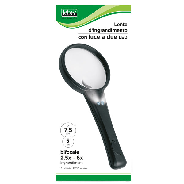 LEBEZ - 1134 - Lente di ingrandimento 1134 - con led - lente grande diametro 7,5 cm - lente piccola 2 cm - nero - Lebez
