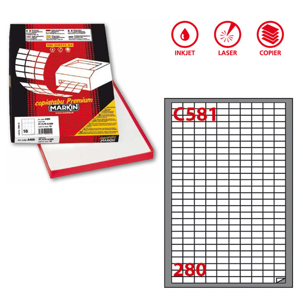 MARKIN - 210C581 - Etichette adesive C581 - permanenti - 19 x 10 mm - 280 et-fg - 100 fogli A4 - bianco - Markin