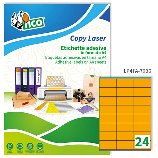 TICO - LP4FA-7036 - Etichette adesive LP4F - permanenti - 70 x 36 mm - 24 et-fg - 70 fogli A4 - arancio fluo - Tico