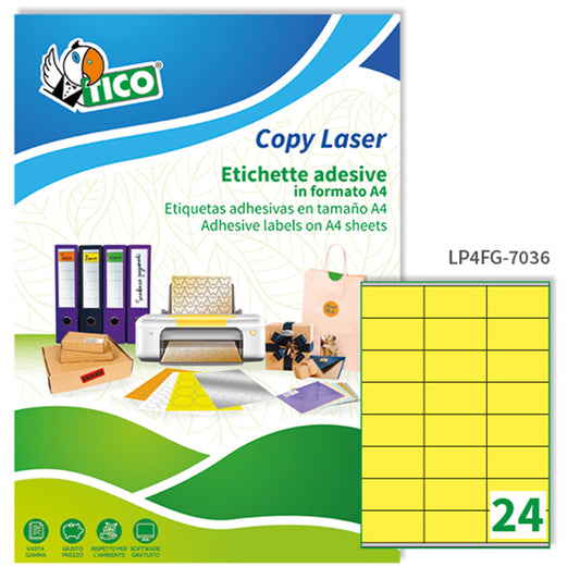 TICO - LP4FG-7036 - Etichette adesive LP4F - permanenti - 70 x 36 mm - 24 et-fg - 70 fogli A4 - giallo fluo - Tico