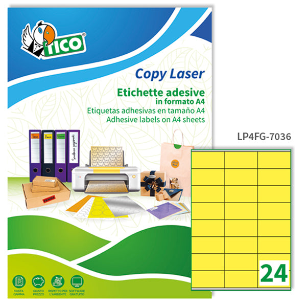 TICO - LP4FG-7036 - Etichette adesive LP4F - permanenti - 70 x 36 mm - 24 et-fg - 70 fogli A4 - giallo fluo - Tico