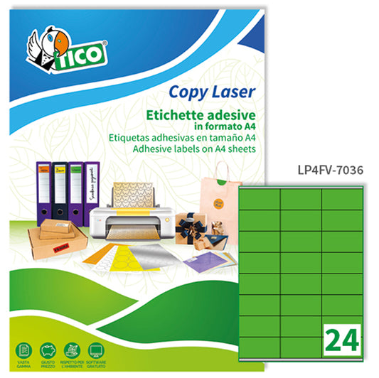 TICO - LP4FV-7036 - Etichette adesive LP4F - permanenti - 70 x 36 mm - 24 et-fg - 70 fogli A4 - verde fluo - Tico