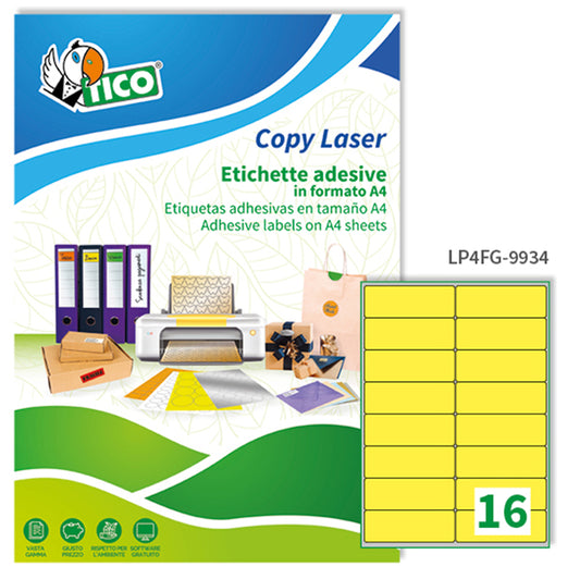 TICO - LP4FG-9934 - Etichette adesive LP4F - permanenti - 99,1 x 34 mm - 16 et-fg - 70 fogli A4 - giallo fluo - Tico