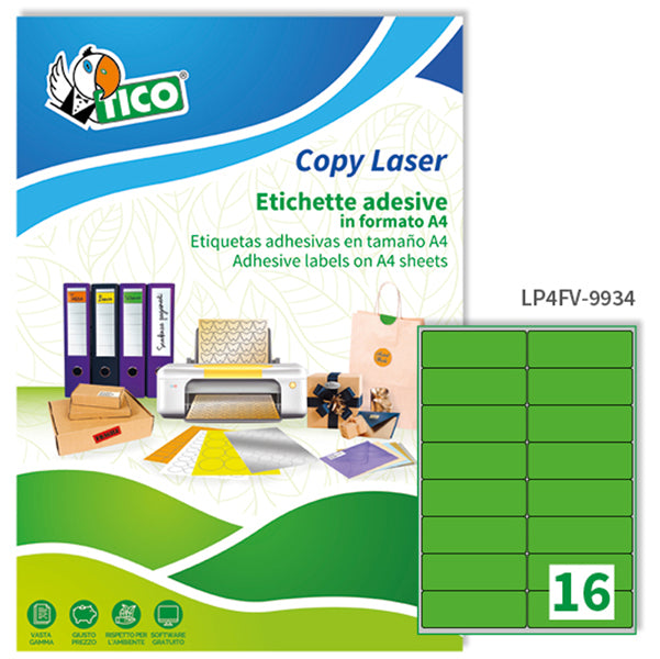 TICO - LP4FV-9934 - Etichette adesive LP4F - permanenti - angoli arrotondati - 99,1 x 34 mm -16 et-fg - 70 fogli A4 - verde fluo - Tico