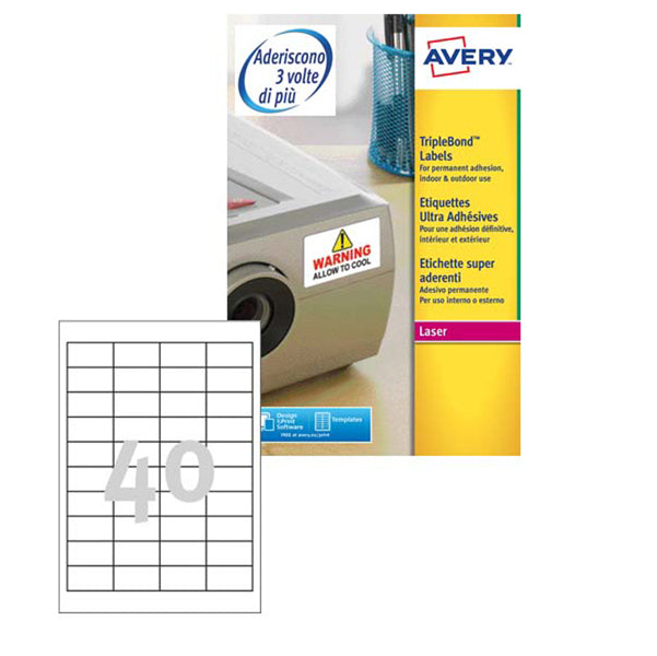 AVERY - L6140-20 - Etichette adesive L6140 Extra Strong - permanenti - per stampanti laser - 45,7 x 25,4 mm - 40 et-fg - 20 fogli A4 - poliestere - bianco - Avery