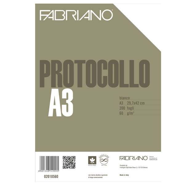FABRIANO - 02010560 - Foglio protocollo - A4 - senza rigatura - 60 gr - bianco - Fabriano - conf. 200 pezzi