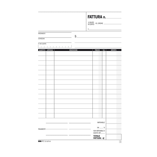 EDIPRO - E5273CT - Blocco fattura 1 aliquota - 33 fogli 3 copie autoricalcanti - 23 x 14,8cm - Edipro