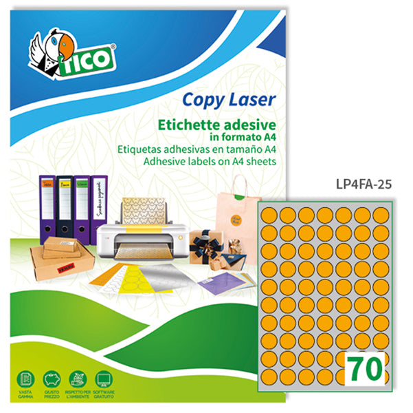 TICO - LP4FA-25 - Etichette adesive LP4F - permanenti - diametro 25 mm - 70 et-fg - 70 fogli A4 - arancio fluo - Tico
