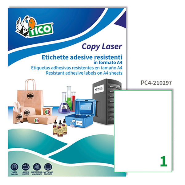 TICO - PC4-210297 - Etichette adesive PC4 - permanenti - per stampanti laser - 210 x 297 mm - 1 et-fg - 100 fogli A4 - poliestere - trasparente - Tico
