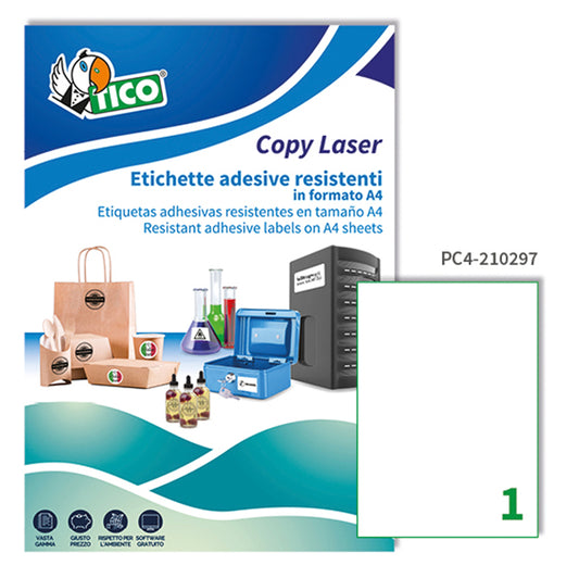 TICO - PC4-210297 - Etichette adesive PC4 - permanenti - per stampanti laser - 210 x 297 mm - 1 et-fg - 100 fogli A4 - poliestere - trasparente - Tico